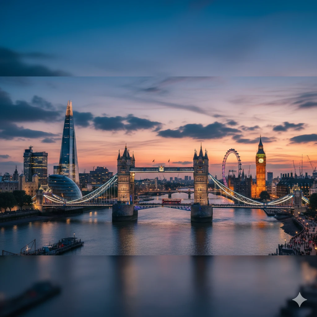 scenic sunset view of tower bridge, big ben, and london eye during a trip to london england