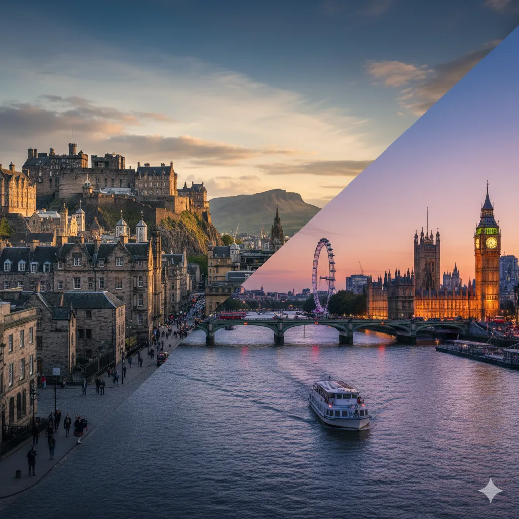 scotland city tours showcasing edinburgh castle and london landmarks at sunset