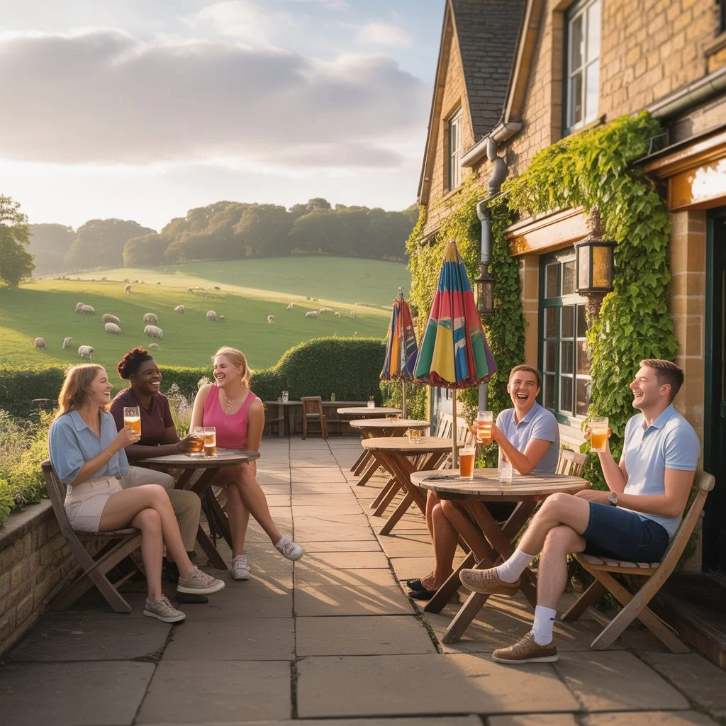a group enjoying a drink outside a pub. best tour operators in uk for scenic countryside trips.