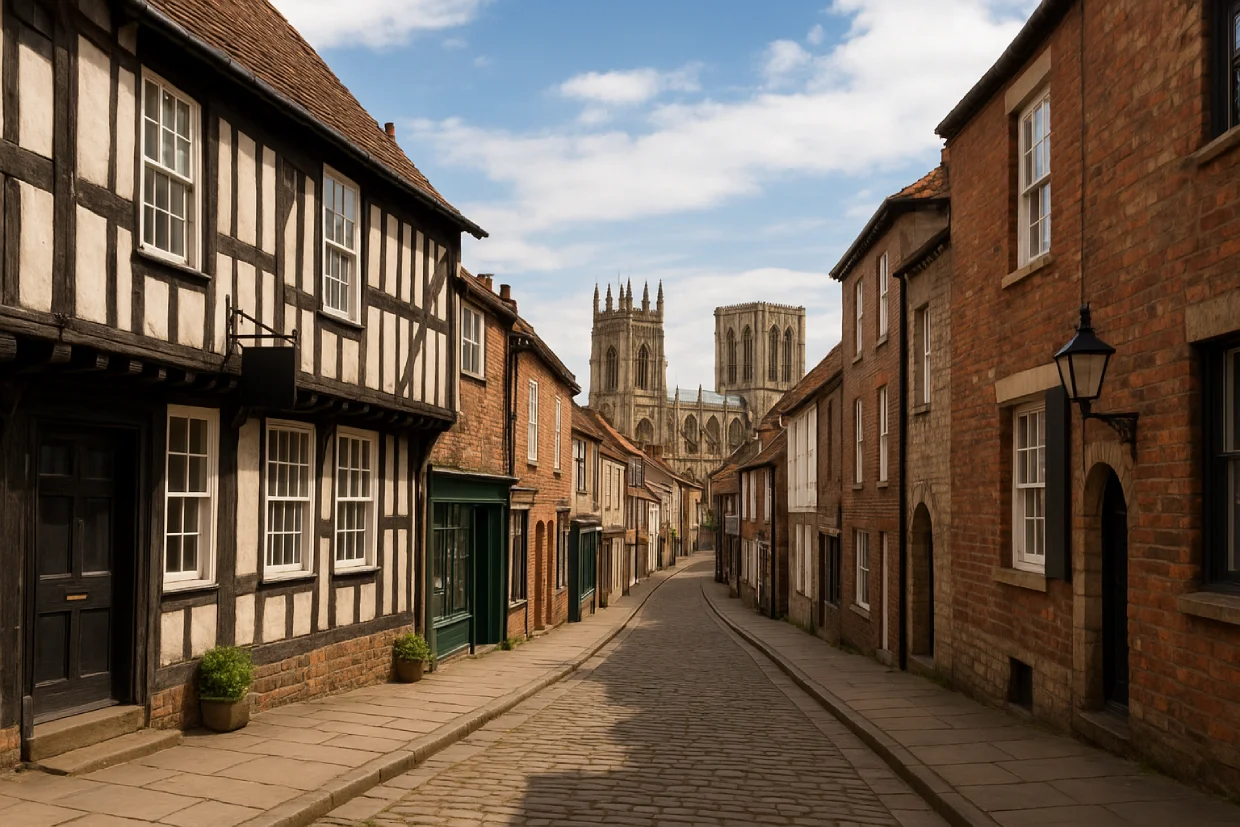 charming cobblestone street in england with historic buildings leading to a cathedral, perfect for walking tours
