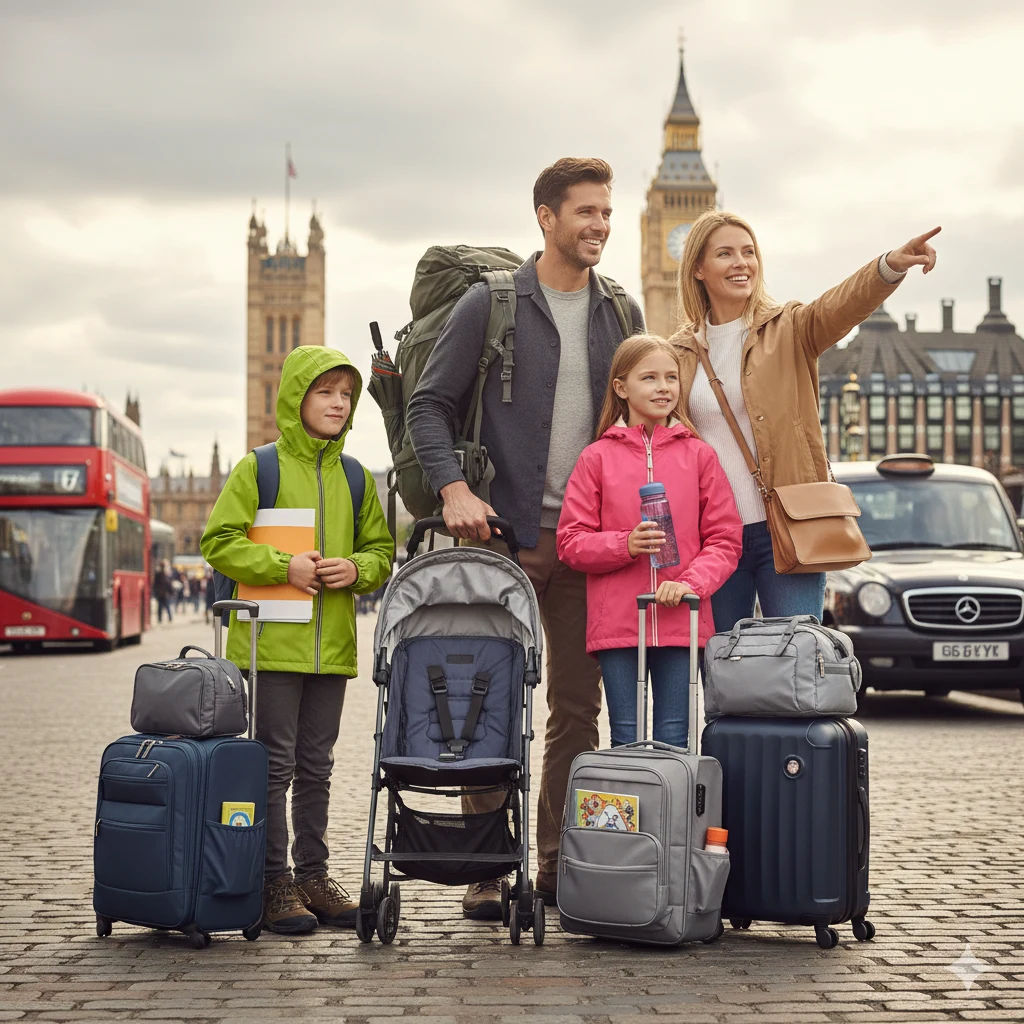family enjoying England city tour packages in london. big ben, red bus, and taxi are visible in the background.