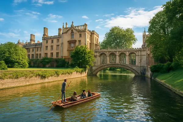 Punting on the River Cam past the Bridge of Sighs at St John's College, Cambridge University